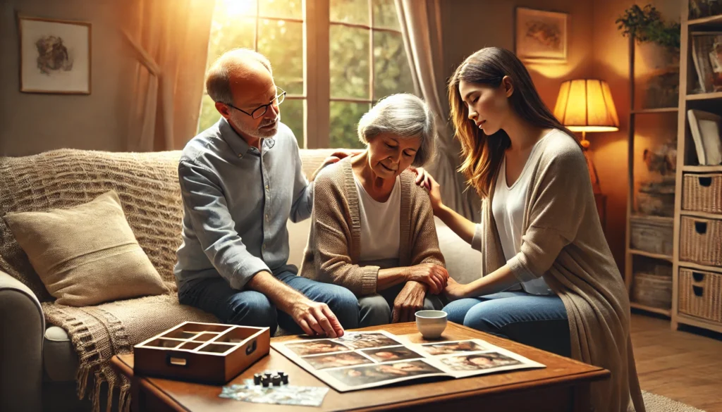 A serene and comfortable home environment where a family is assisting an elderly individual with dementia, emphasizing emotional support, patience, and bonding.