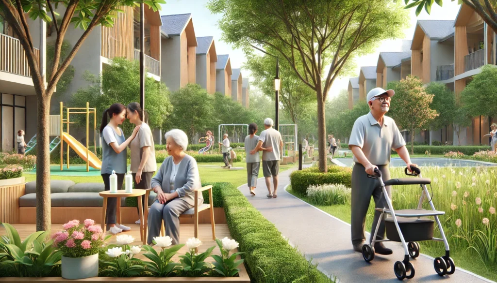 An outdoor dementia-friendly community park with safe walking paths, sensory gardens, and seating areas, where elderly individuals are accompanied by caregivers and family members for light activities and relaxation.