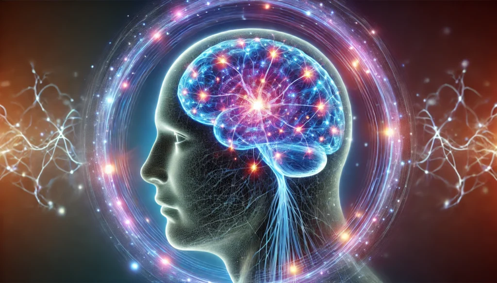 A transparent human head with illuminated neural pathways, surrounded by a protective energy field, symbolizing brain resilience, cognitive support, and neurological well-being.