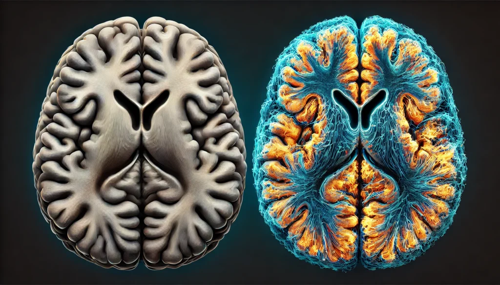 Side-by-side brain scan comparison of normal vs. dementia-affected brain, revealing structural shrinkage and decreased neural activity