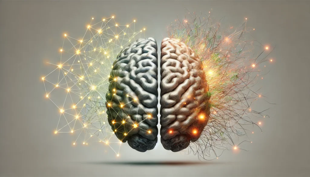 Conceptual visualization of brain connectivity in normal vs. dementia-affected brain, depicting strong neural pathways vs. deteriorated connections