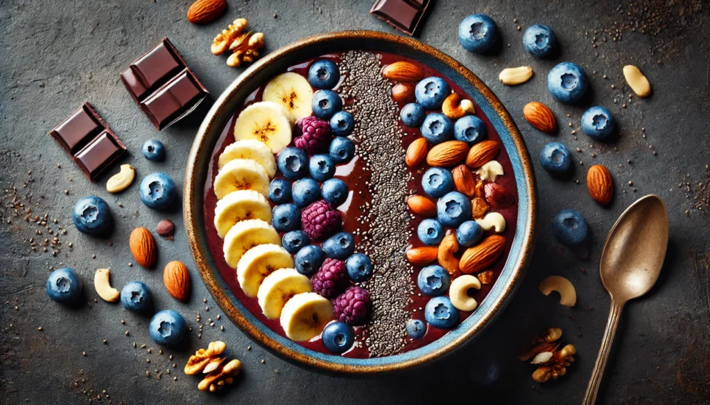 A vibrant smoothie bowl made with banana and dark chocolate, topped with blueberries, nuts, and chia seeds, presented in an appetizing and colorful way to highlight its brain-boosting benefits.