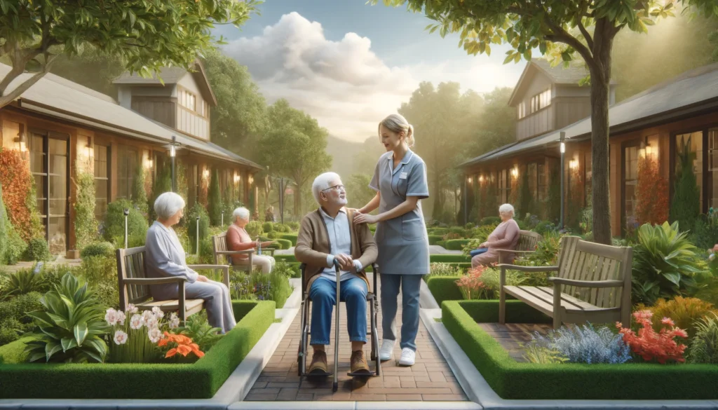 A caring and secure outdoor memory care facility garden where elderly residents with cognitive impairments enjoy nature with the support of caregivers. The area includes beautifully landscaped walking paths, benches, and sensory gardens designed for relaxation and mental stimulation.