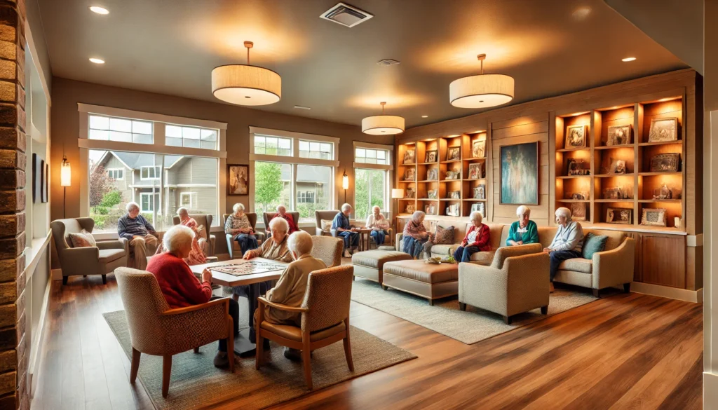 A cozy memory care common area in Gig Harbor, Washington, with warm lighting and comfortable seating. Elderly residents participate in a group activity, such as puzzle-solving or storytelling, in a calming environment designed to feel familiar and homelike