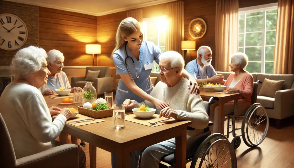 A compassionate memory care nursing home dining area where elderly residents with cognitive impairments enjoy a meal together, assisted by caregivers. The setting is warm and inviting, with soft lighting, accessible seating, and a peaceful atmosphere to promote a dignified dining experience.