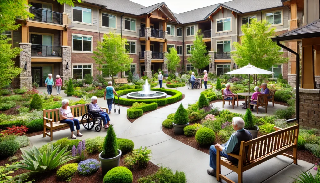 A secure and scenic memory care courtyard in Gig Harbor, Washington, with a beautifully landscaped garden and a walking path. Elderly residents enjoy the outdoors, some sitting on benches while others walk with caregivers, surrounded by lush greenery and a peaceful fountain.