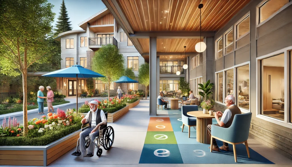 A modern memory care facility in Oregon featuring essential safety elements like color-coded hallways, clear signage, and a secure courtyard with seating. Elderly residents take part in calming sensory activities, such as gardening and listening to music, in a tranquil and accessible environment.