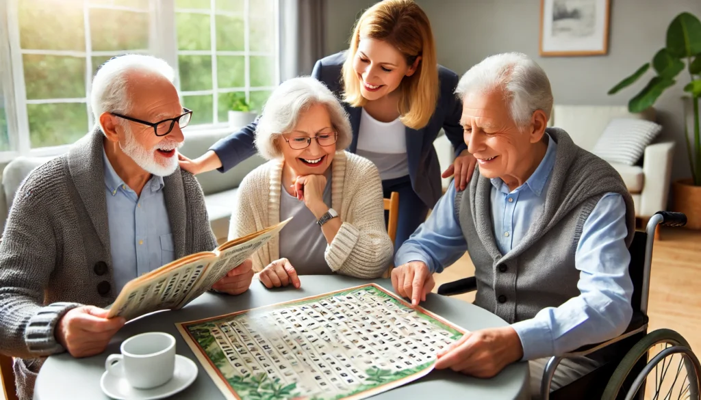 A small group of elderly people with dementia playing a word search game together at a cheerful indoor setting. They are pointing out words in a large-print puzzle book, laughing, and engaging in social interaction