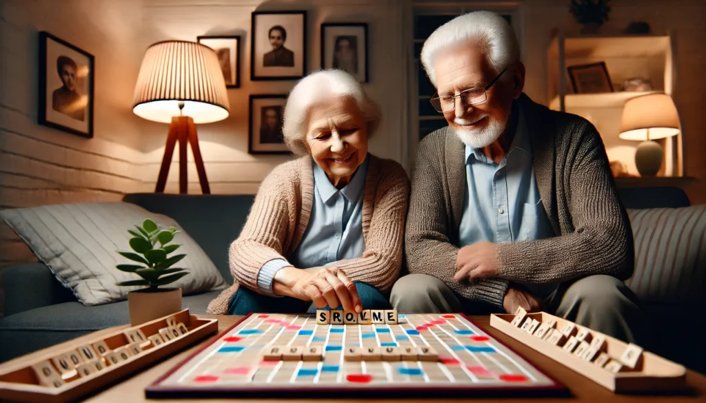 An elderly couple with dementia playing a Scrabble-style word game in their cozy living room. They are arranging letter tiles on the board with smiles, surrounded by warm lighting and family photos