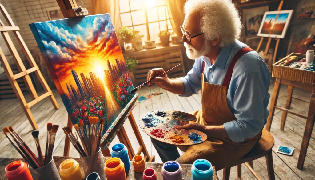 More than just aging – An elderly man immersed in painting a vibrant canvas, expressing creativity and lifelong passion in a warm art studio setting