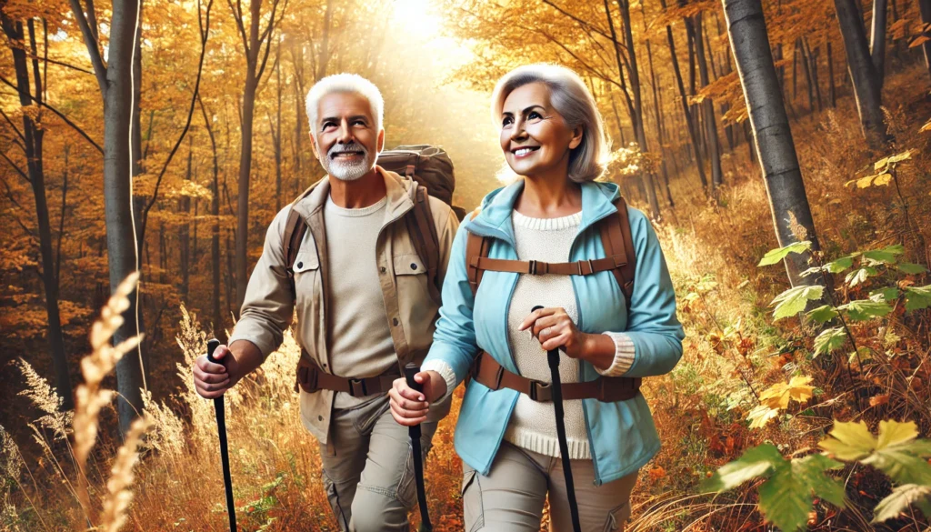 More than just aging – An active elderly couple hiking through a scenic forest trail in autumn, symbolizing adventure, vitality, and embracing new experiences