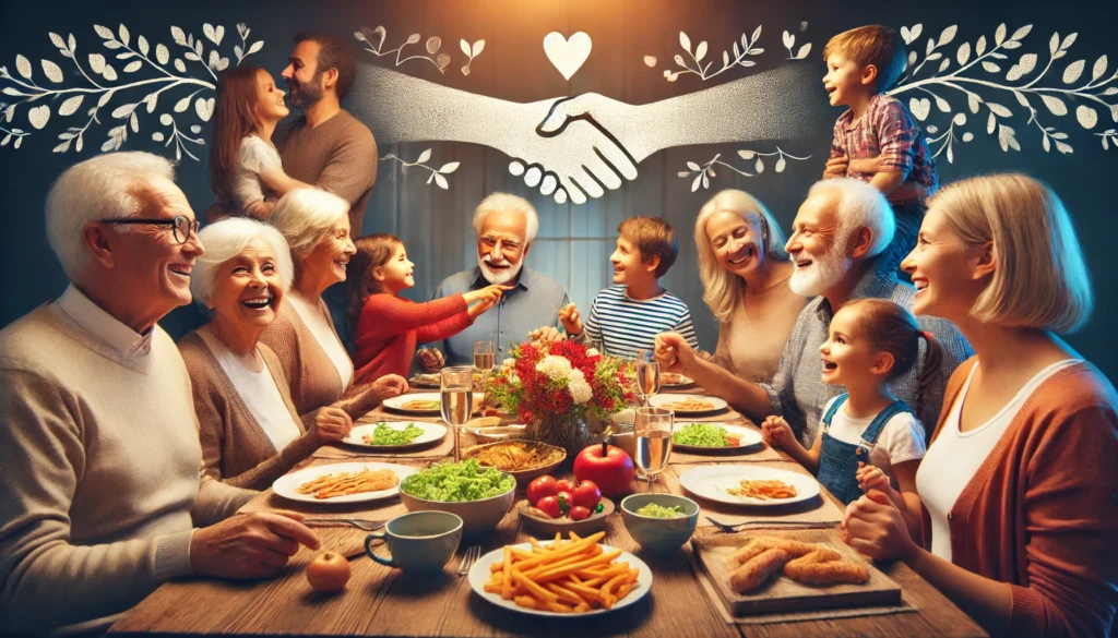 More than just aging – A joyful multi-generational family gathered around a dinner table, highlighting the importance of social connections and emotional well-being.