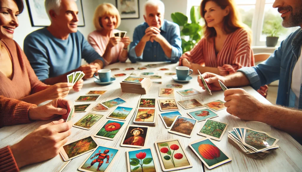 A group of adults engaging in a classic picture memory card game at a table, fostering memory retention and social interaction