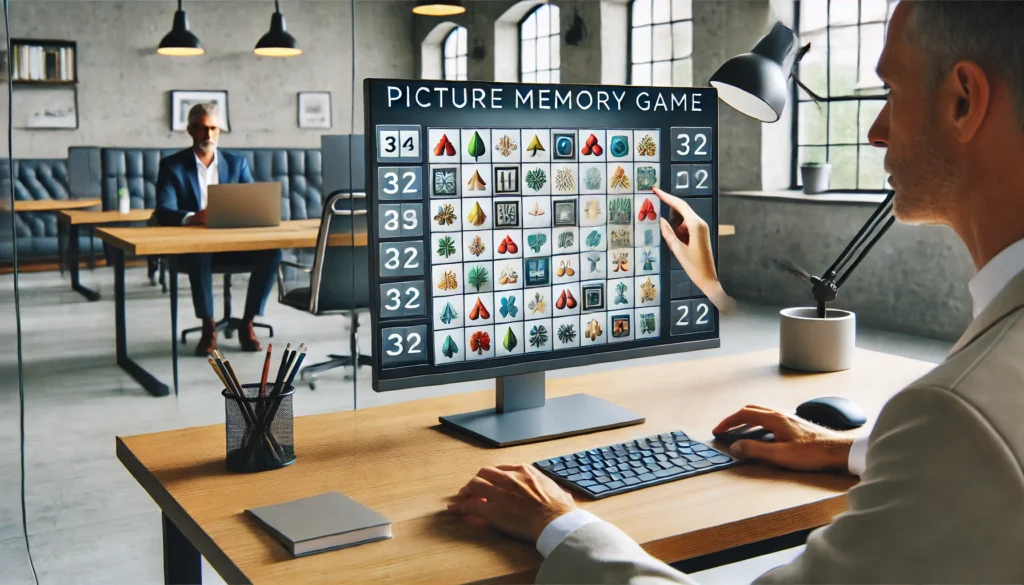 A professional workspace with an adult playing a picture memory game on a desktop screen during a work break for cognitive training