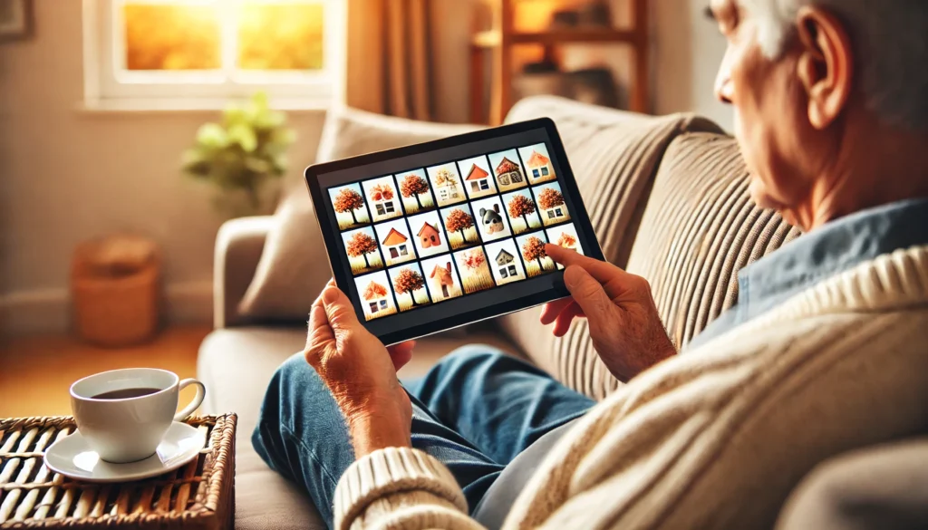 An elderly adult enjoying a picture memory game on a tablet in a warm home setting, promoting relaxation and mental agility