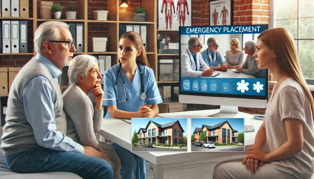 A family consulting with a professional care advisor in a medical office about emergency placement for a dementia patient. The scene reflects urgency yet reassurance, with care facility options displayed on a computer screen.