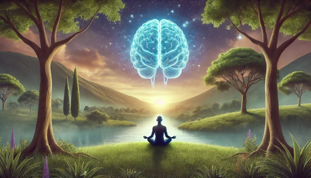 A peaceful nature scene featuring a person meditating with a glowing brain-shaped energy field above their head. The image visually represents mindfulness and relaxation as effective strategies to reduce brain plaque.

