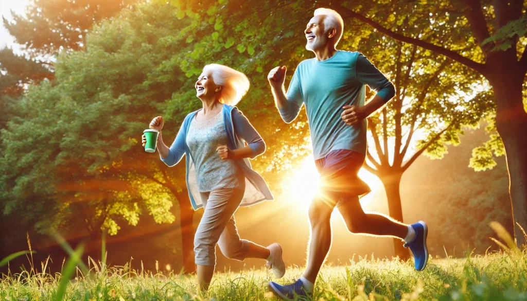 An energetic elderly couple jogging in a lush park at sunrise, radiating happiness and vitality. The movement and natural setting symbolize the cognitive benefits of regular exercise in reducing brain plaque and promoting mental well-being.