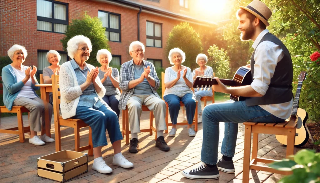 An outdoor activity session at a memory care facility in Portland, where seniors participate in music therapy. A musician plays the guitar in a sunlit courtyard while residents enjoy the soothing atmosphere, clapping and engaging with the music