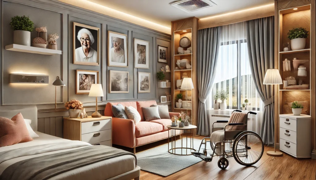 A well-designed private memory care room in Portland, featuring soft lighting, family photos, familiar objects, and calming colors. The space provides security and comfort for a senior resident with memory challenges