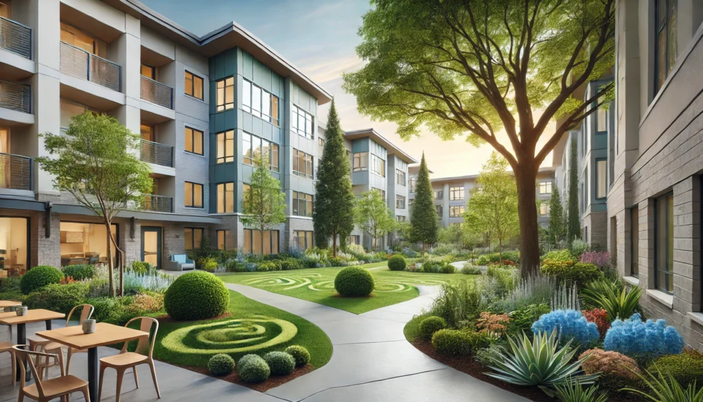 A serene, modern memory care facility in Portland, Oregon, featuring a lush, secure garden with walking paths. The facility is designed for elderly residents with dementia and Alzheimer’s, with large windows providing ample natural light