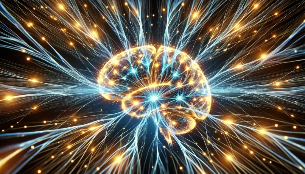 An artistic visualization of neural pathways inside a brain, glowing with vibrant energy, illustrating how to enhance mind power by stimulating cognitive enhancement and learning