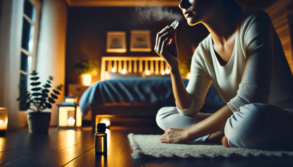 A serene nighttime setting where a person inhales essential oil from a small bottle before bed. The dimly lit bedroom fosters a calming ambiance for quality sleep.