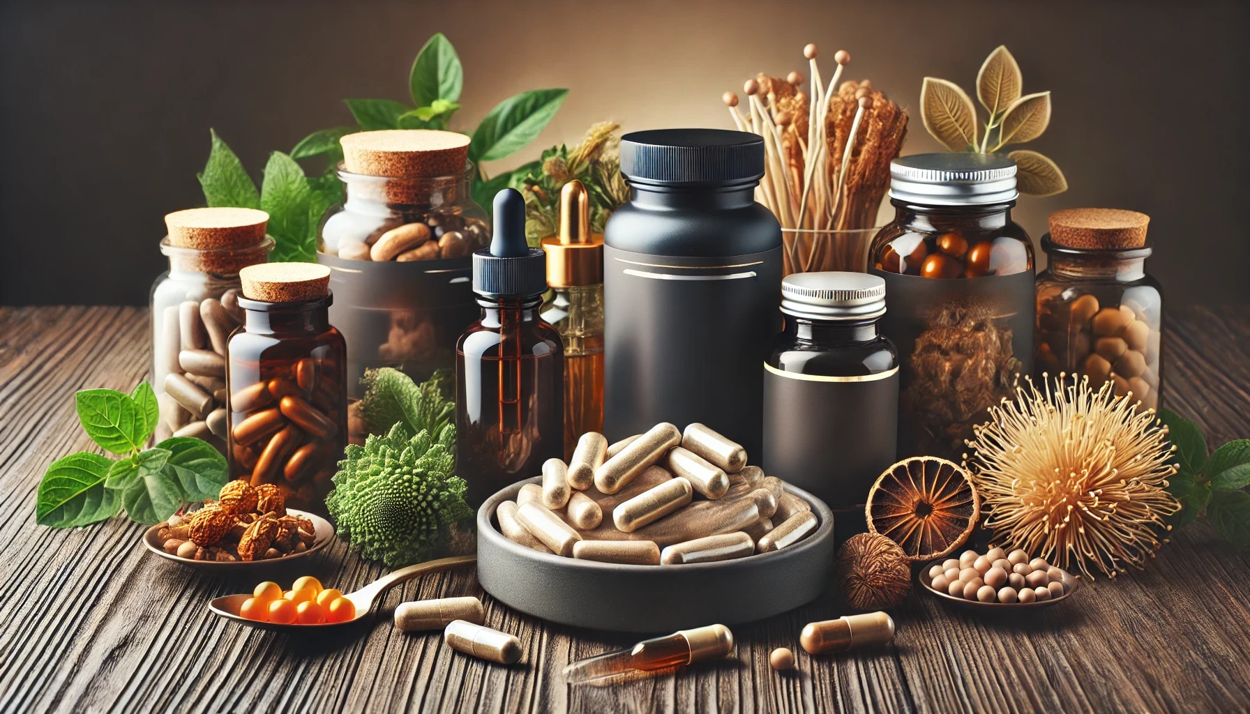 A wooden surface displaying a premium selection of unbranded nootropic supplement bottles, capsules in a dish, and herbal extracts in glass dropper bottles, surrounded by natural brain-boosting ingredients like ginseng, Rhodiola rosea, Bacopa monnieri, and lion’s mane mushrooms.