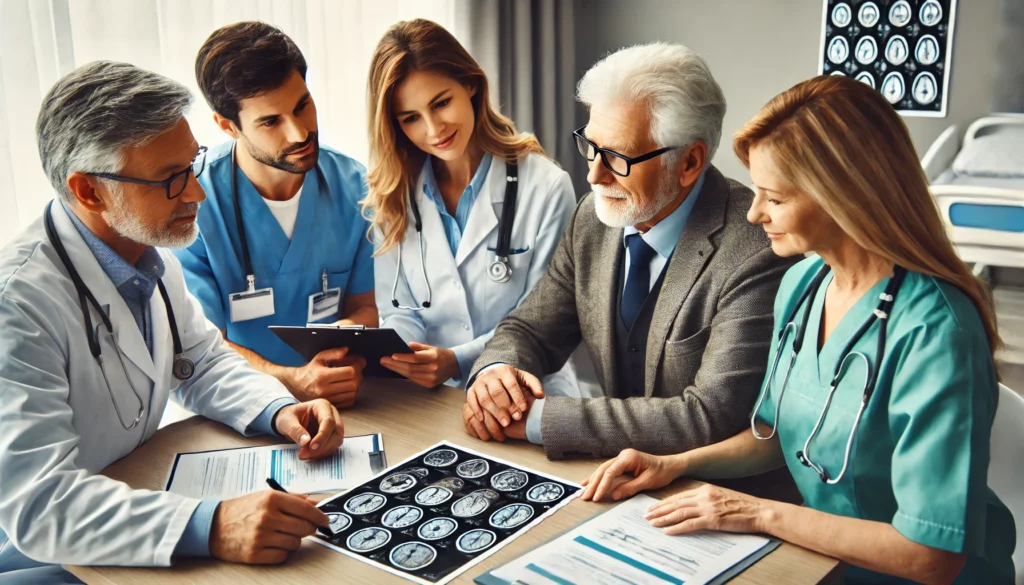 A multidisciplinary healthcare team, including a geriatric psychiatrist, neurologist, and nurse, collaborating in a hospital setting. They review medical records and brain scans, emphasizing a comprehensive, team-based approach to dementia treatment and mental health care for older adults.