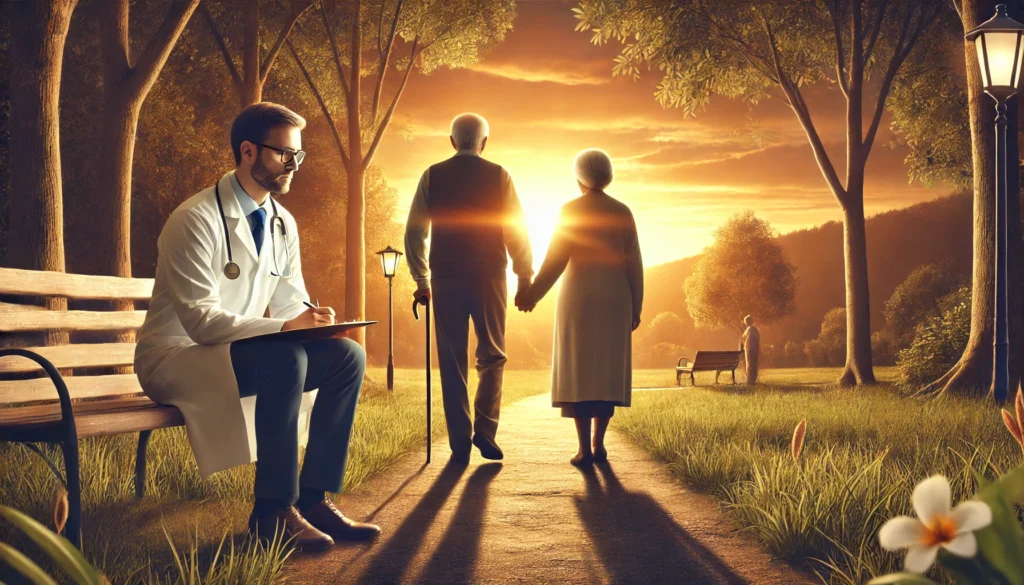 An elderly couple walks hand in hand through a serene park at sunset, symbolizing emotional support in dementia care. A geriatric psychiatrist observes from a distance, ensuring compassionate oversight. The tranquil setting highlights the importance of holistic and supportive dementia care.