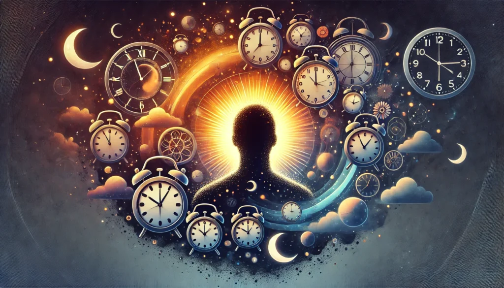 A silhouette surrounded by floating clocks and shifting colors, illustrating the impact of circadian rhythm disruptions on what causes lack of REM sleep