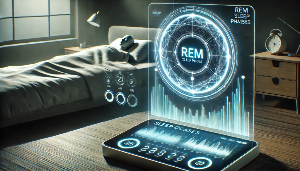 A futuristic sleep monitoring device displaying sleep cycle data, including REM sleep phases. This image represents modern technology’s role in sleep tracking and understanding how many hours of REM sleep do you need for better health