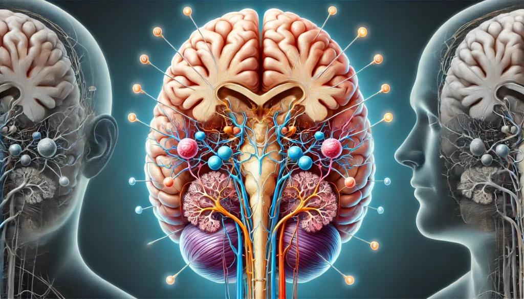 A detailed medical illustration of the brainstem, highlighting the pons and its neural connections to the thalamus and hypothalamus, key structures in regulating REM sleep transitions