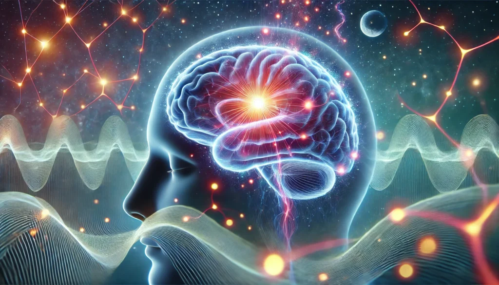 A concept art representation of the human brain during REM sleep, featuring a dream-like atmosphere with illuminated neural connections and energy waves radiating from the pons, symbolizing its role in sleep regulation