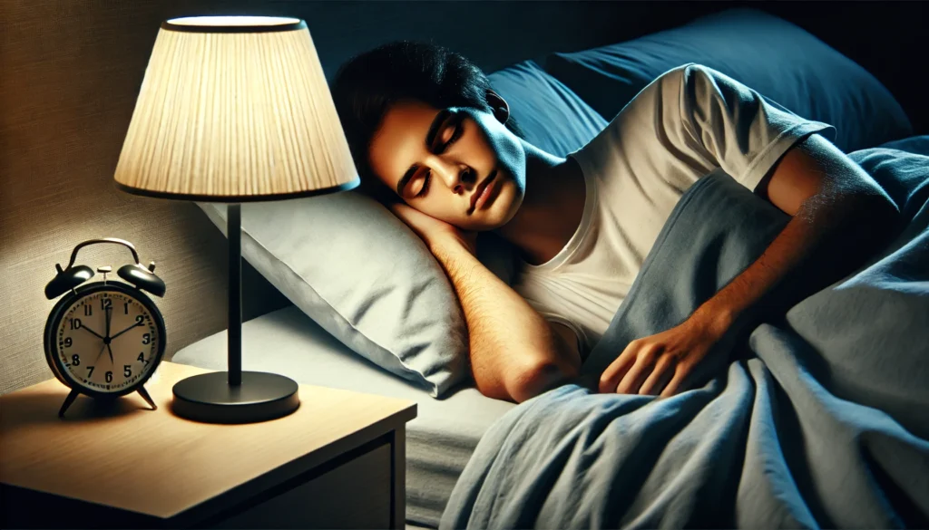 A person resting in bed with a calm expression, illuminated by the soft glow of a bedside lamp. The scene emphasizes the relaxation and cognitive benefits of light sleep.