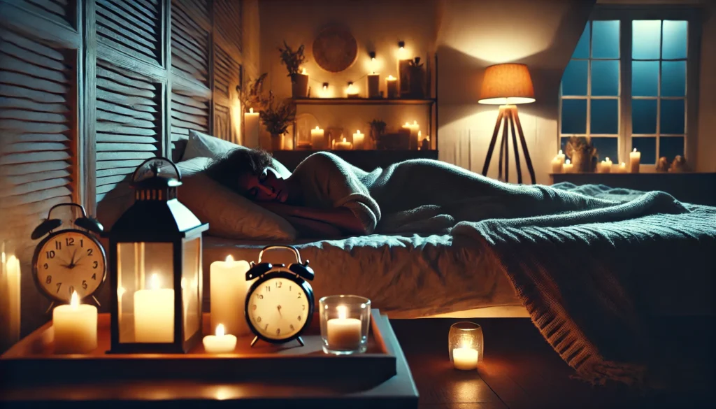 A cozy nighttime scene featuring a person sleeping peacefully in a dimly lit bedroom with soft lighting, illustrating the importance of restful sleep for focus and mental clarity.