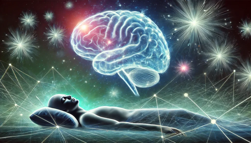 Can you retain information while sleeping? A conceptual depiction of the hippocampus and neocortex interacting during deep sleep, represented by glowing neural pathways transferring memories