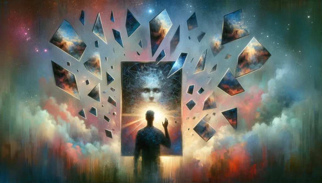 A person staring at a fragmented mirror, with each shard reflecting a slightly altered version of a past event, illustrating false memories.