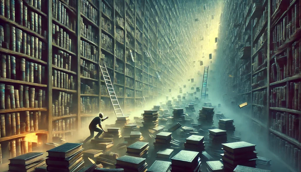 A person lost in a vast, foggy library searching for a specific book, representing the challenge of retrieving a forgotten memory.