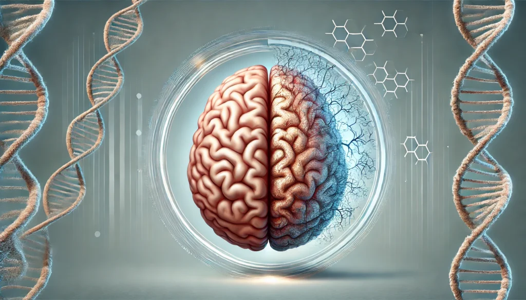 A medical conceptual illustration of a brain with sections progressively deteriorating. ALT text: "Visual representation of a brain transitioning from healthy to deteriorated, highlighting the risk factors for dementia