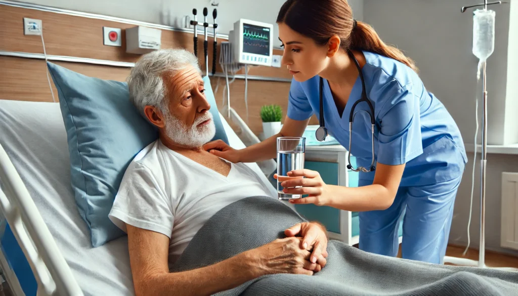 Dementia patient in a hospital bed, appearing fatigued, as a nurse offers a glass of water to prevent dehydration