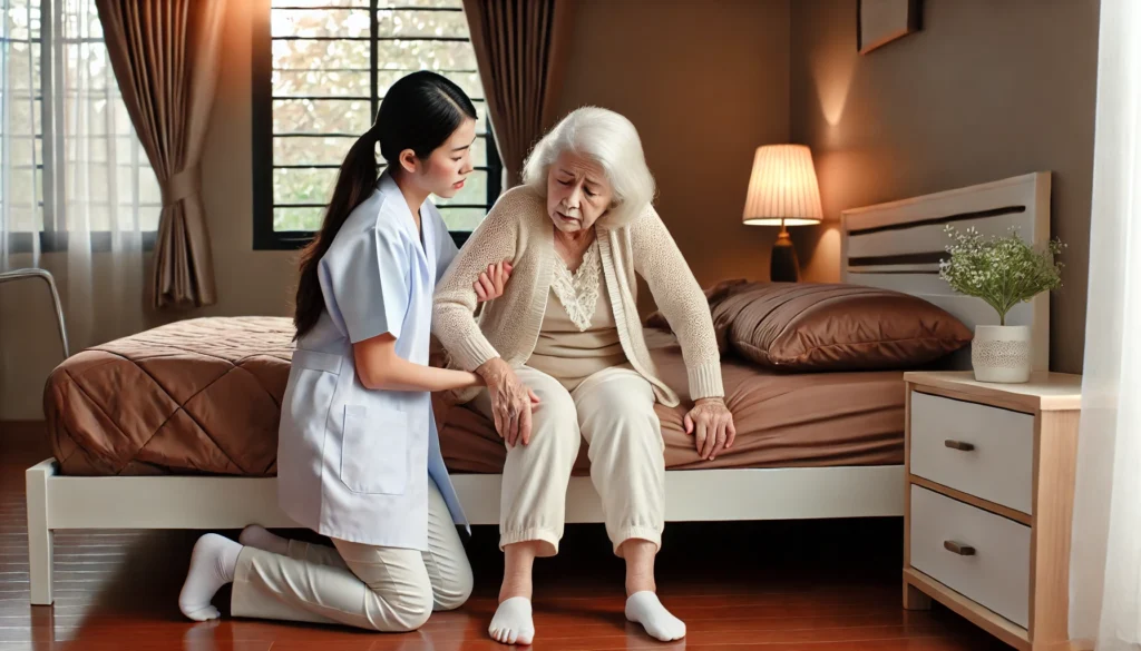 A caregiver assisting an elderly woman after she has fallen out of bed.