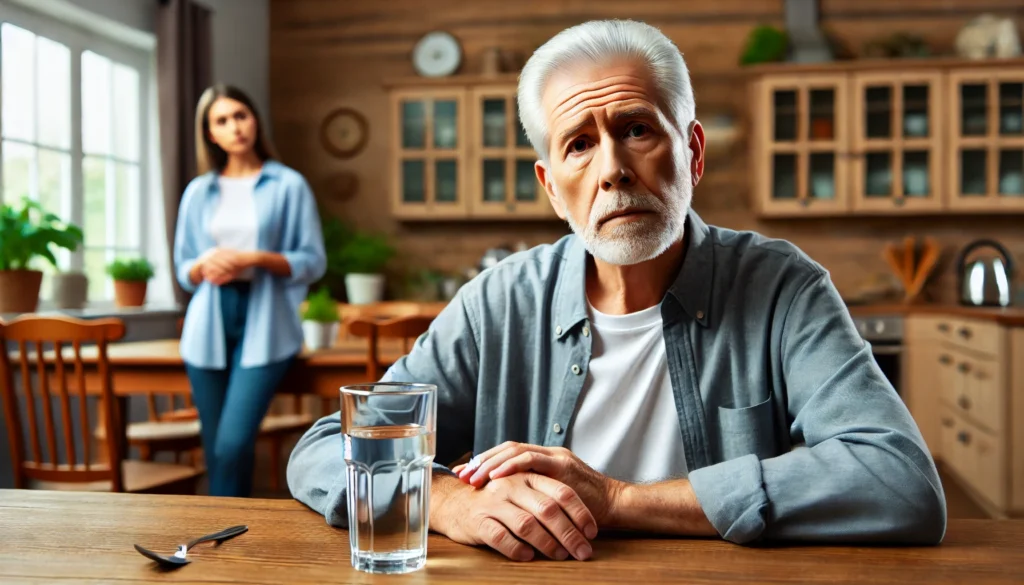 Senior man with dementia sitting at a dining table, unaware of a glass of water, as a concerned family member looks on