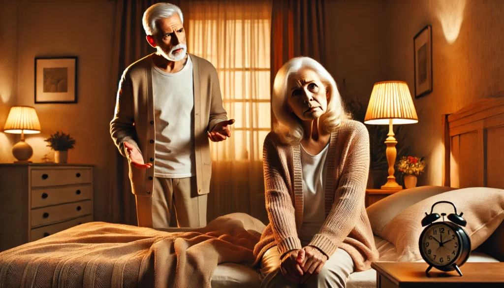 A senior couple in their bedroom, with the husband looking concerned as his wife appears confused.