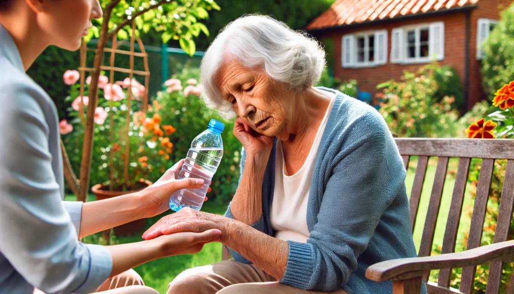 Elderly woman with dementia sitting in a garden, fatigued, as a caregiver hands her a bottle of water to prevent dehydration