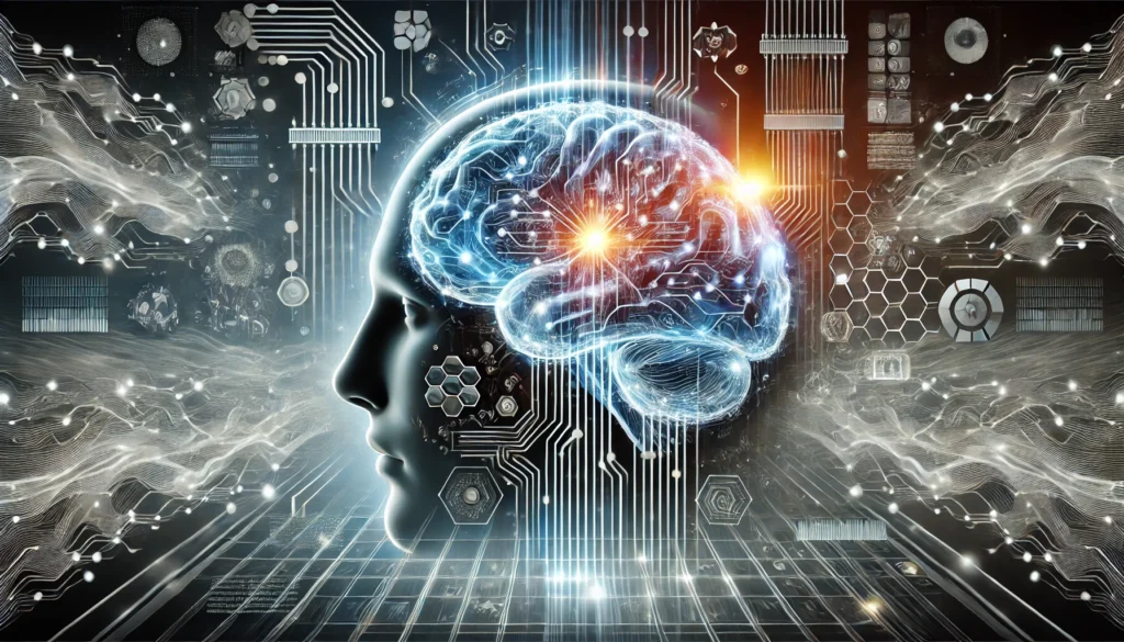 A futuristic conceptual illustration of the human brain merging with digital circuits, representing the intersection of neuroscience and technological advancements in brain research