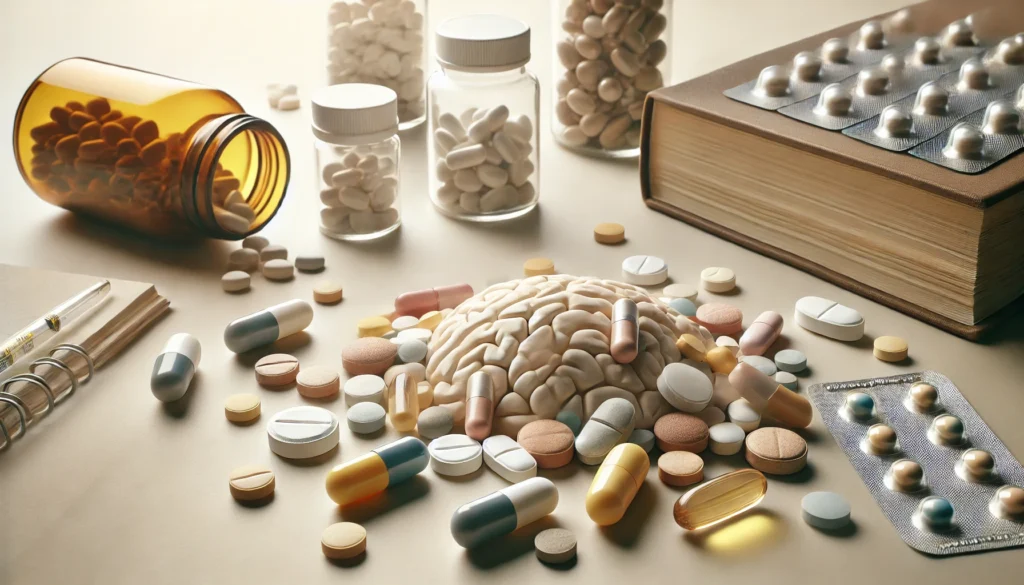 An assortment of dementia medication pills and capsules scattered on a neutral surface. The focus is on different shapes, sizes, and colors, symbolizing various treatment options. The background is soft and minimalistic, ensuring a clean and professional look.