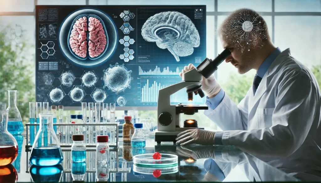 A scientist in a modern laboratory examining a sample under a microscope, surrounded by petri dishes, molecular models, and a digital monitor displaying brain scans, emphasizing cutting-edge Alzheimer research.