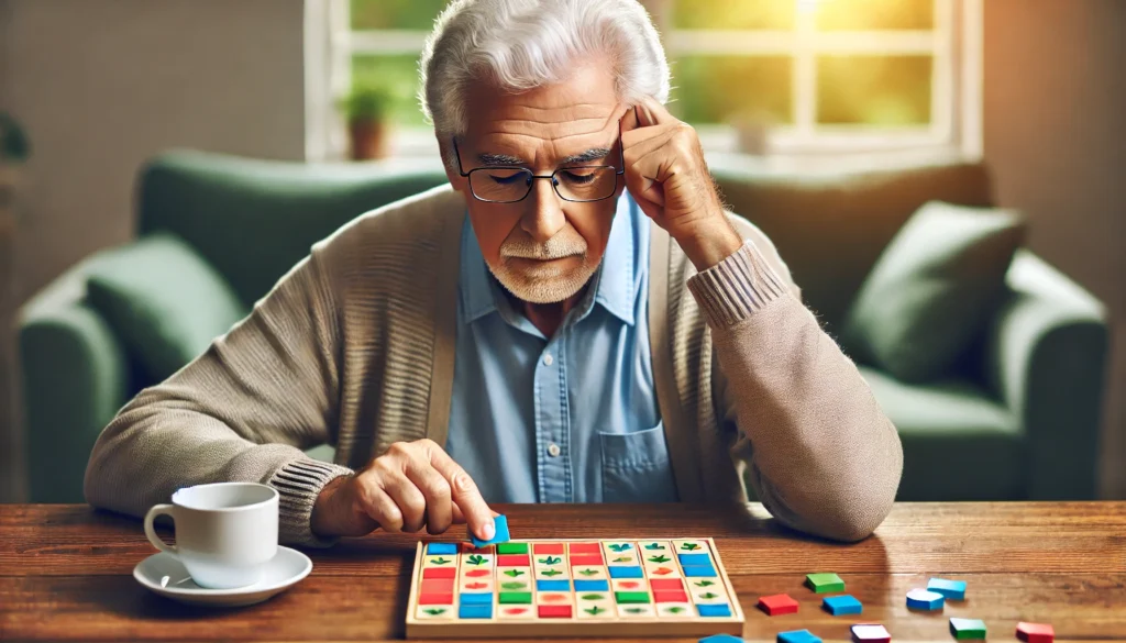 A peaceful elderly person sitting at a desk, focused on solving a memory game with colorful tiles. This image represents cognitive stimulation and recall improvement.