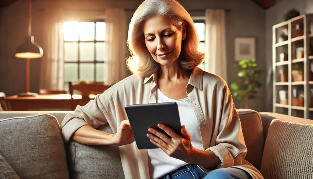 Senior woman sitting in a cozy living room, using a tablet for brain training exercises, appearing focused and engaged in a warm atmosphere.